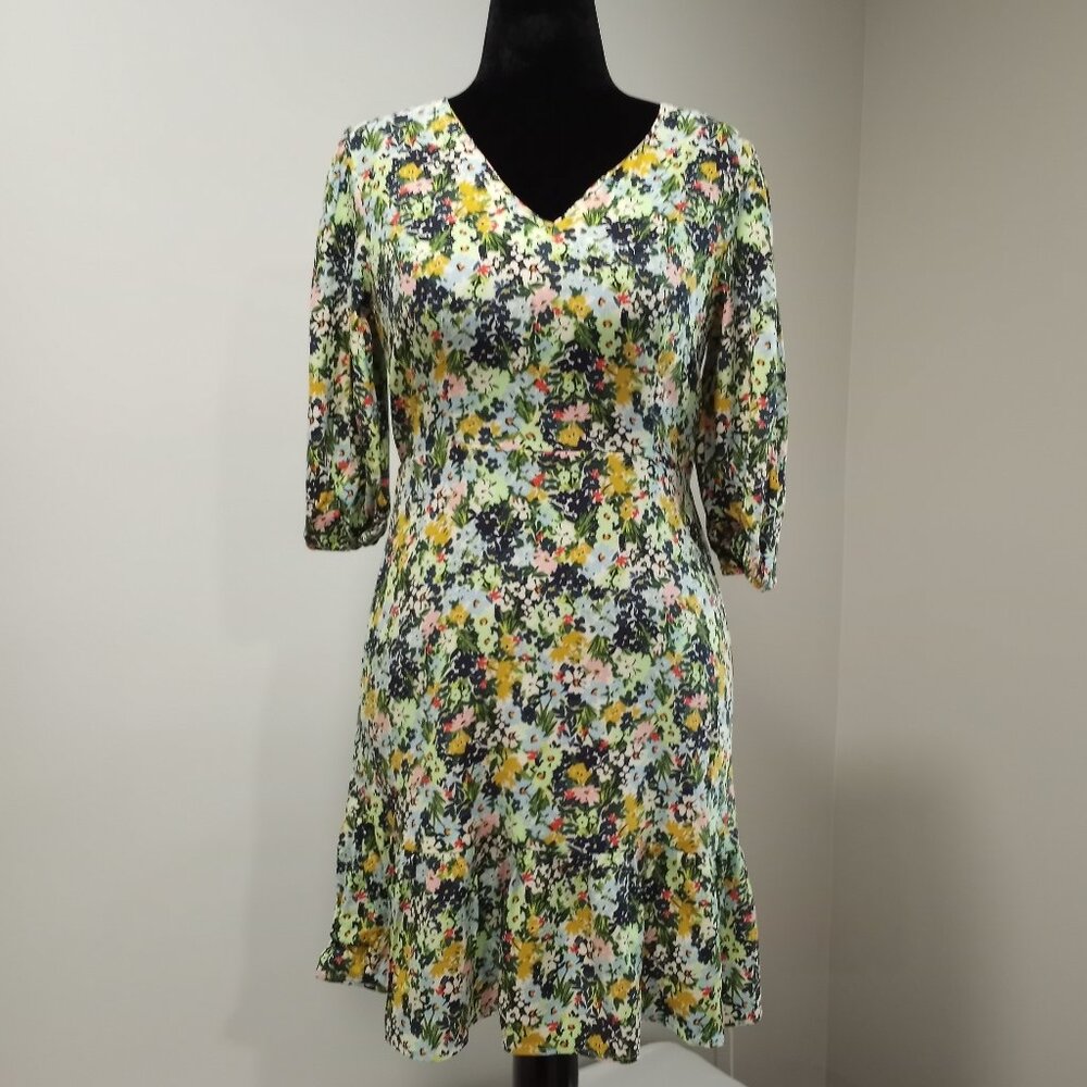 F&F FLORAL FLARE SUMMER DRESS WITH 3/4 SLEEVE AND TIERED HEM EDGE WOMEN SIZE O